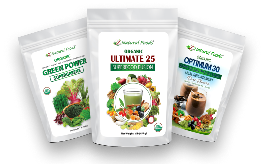 Z Natural foods Organic, 3 product showcase, Green Power Supergreens, Ultimate 25 Superfood Fusion, Optimum 30